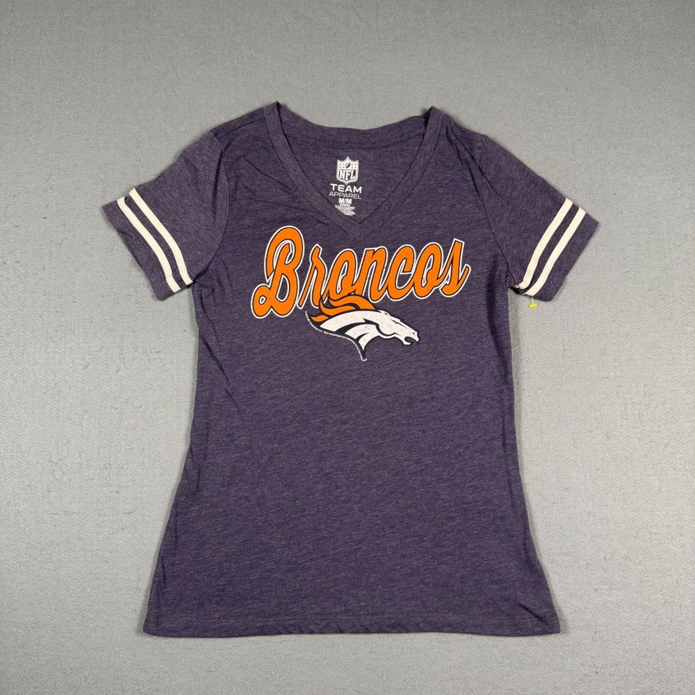 NFL Team Apparel Denver Broncos Shirt Womens Medium Purple V-Neck Varsity Stripe